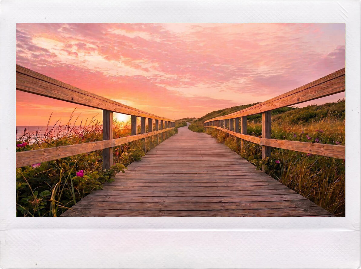 Boardwalk path down to the beach near the Birch Point Inn