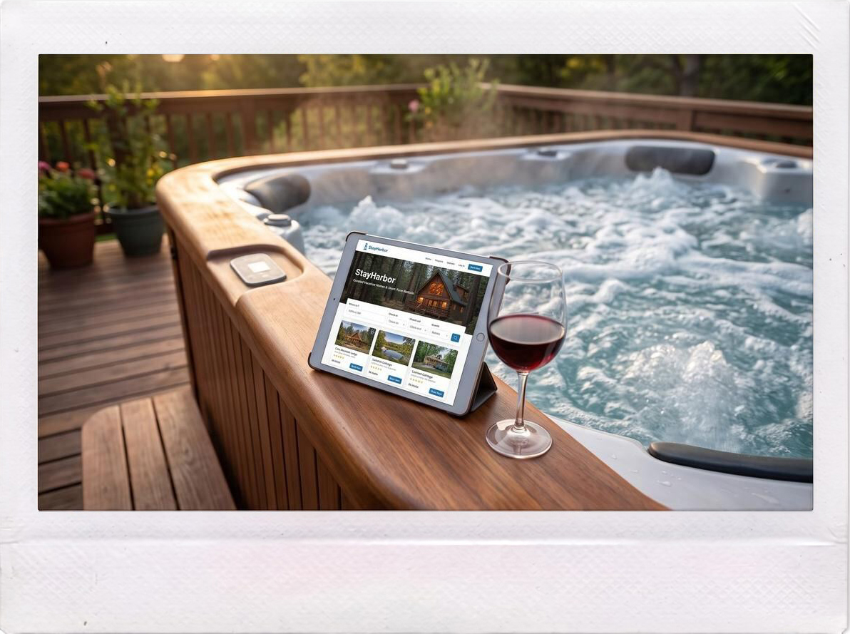 Where the actual writing happens — laptop, wine, and the hot tub
