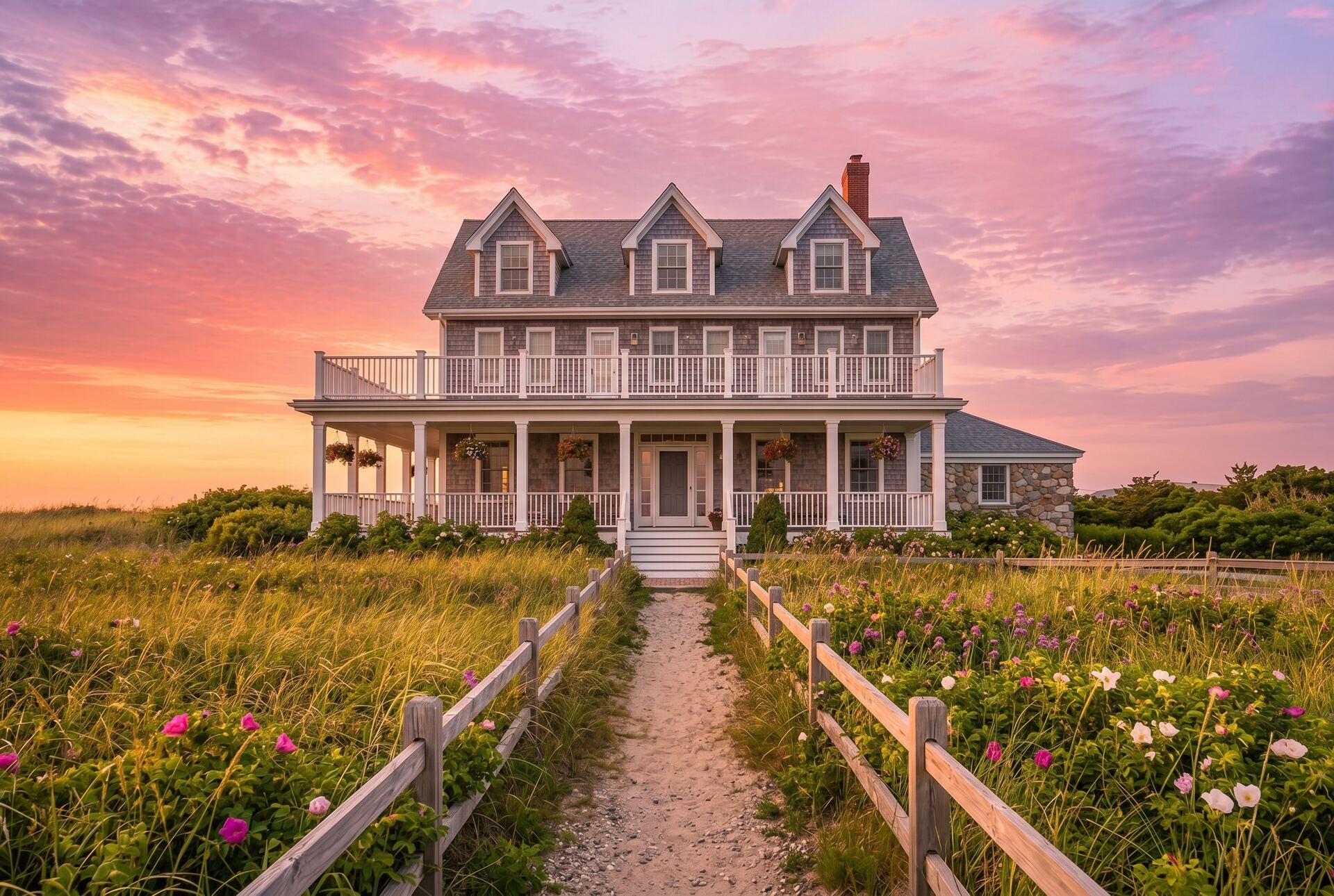 Birch Point Inn at sunset, front view with wraparound porch