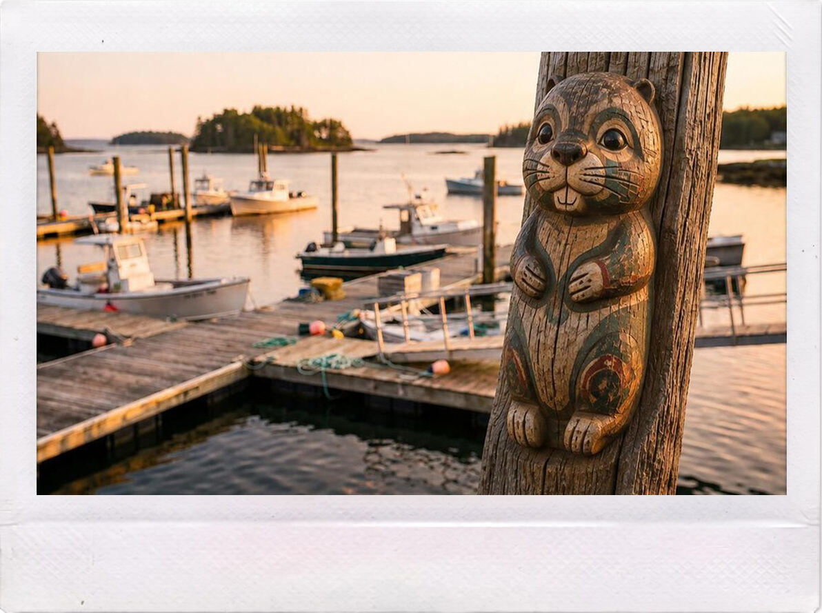 A carved muskrat on a piling at the Birch Point marina