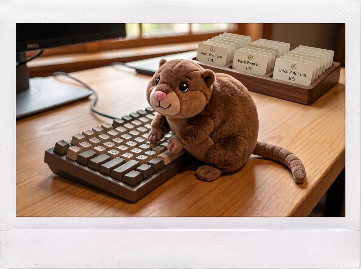 A plush muskrat keeping watch over the writing desk