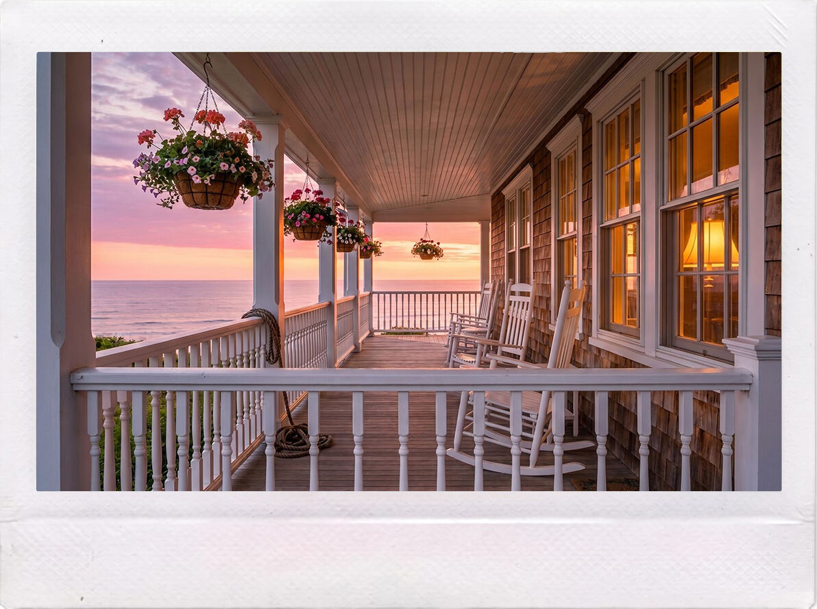 Rocking chairs on the Birch Point Inn porch at sunset
