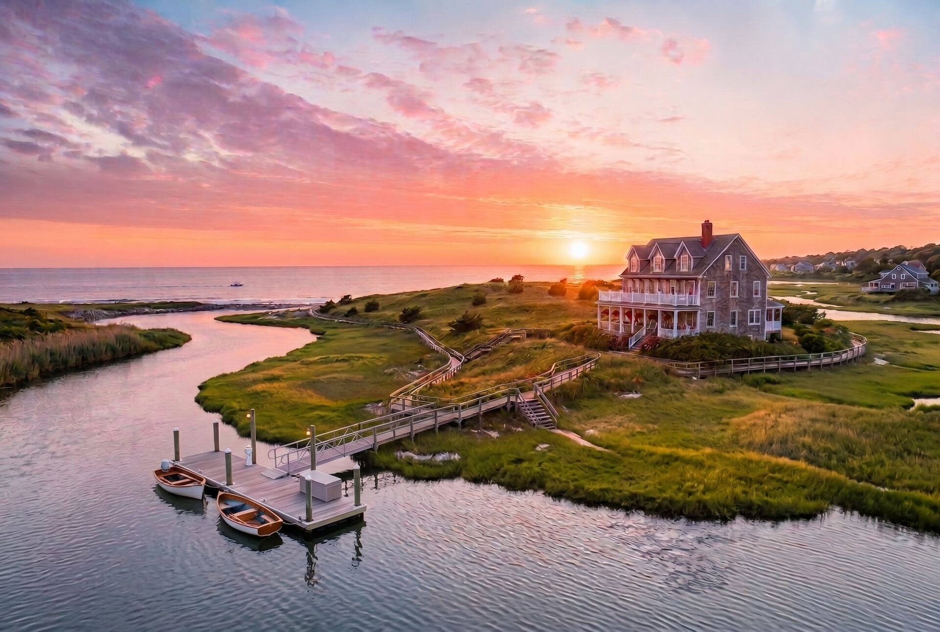 Aerial view of Birch Point Inn, a coastal Maine inn where the river meets the ocean bay
