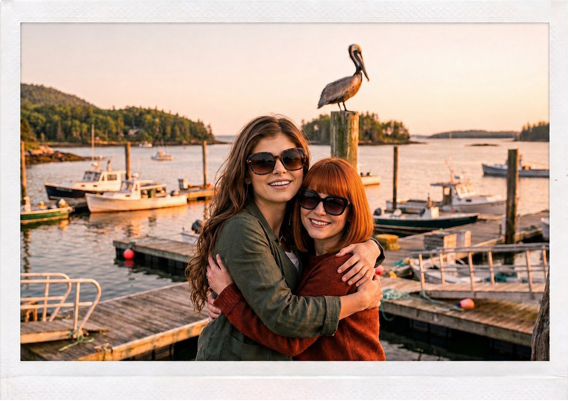 Two women share a laugh on the dock